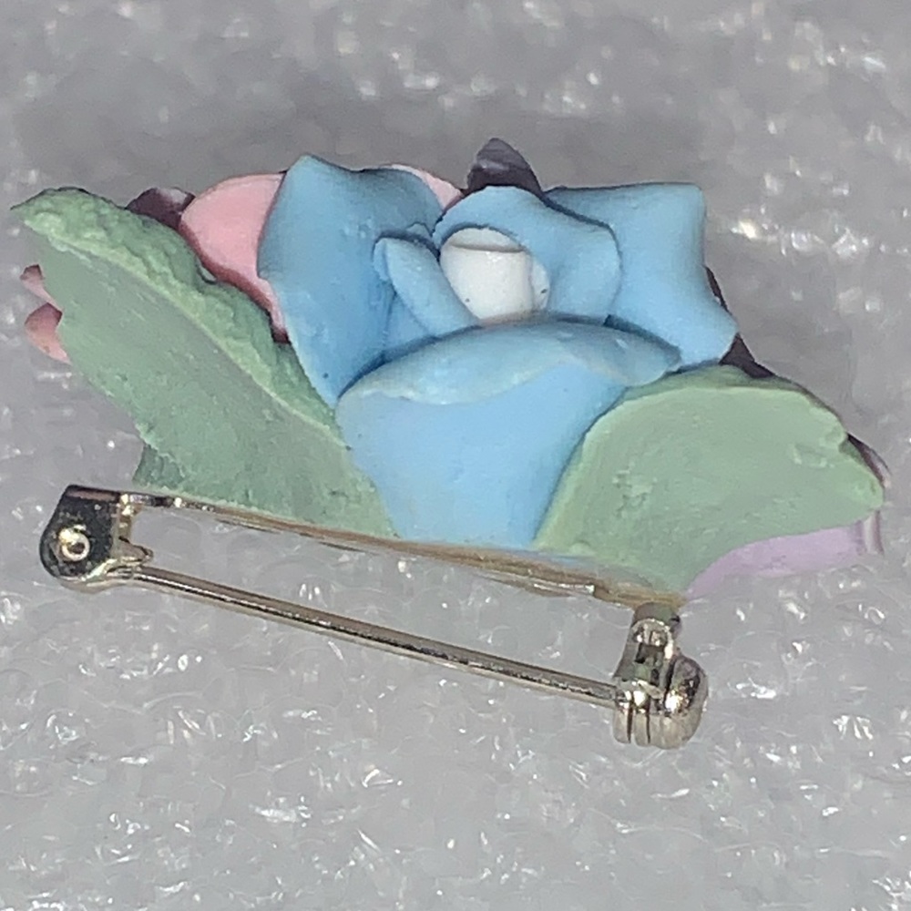 Ceramic Blue, Pink, & Violet Roses Brooch Pin - Picture 4 of 14